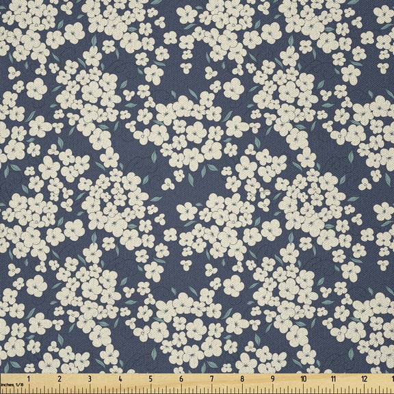 Ambesonne Floral Fabric by the Yard Microfiber, Vibrant Little Blooms, 1 Yard, Night Blue Ivory
