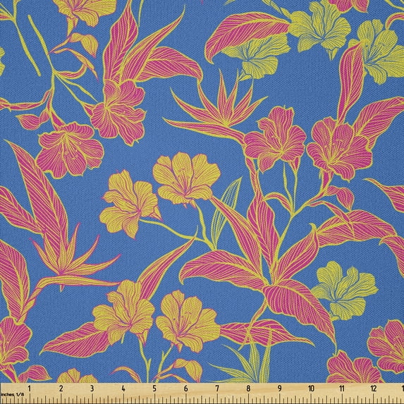 Ambesonne Floral Fabric by the Yard Microfiber, Vintage Colorful Botanical, 3 Yards, Cobalt Blue and Dark Yellow