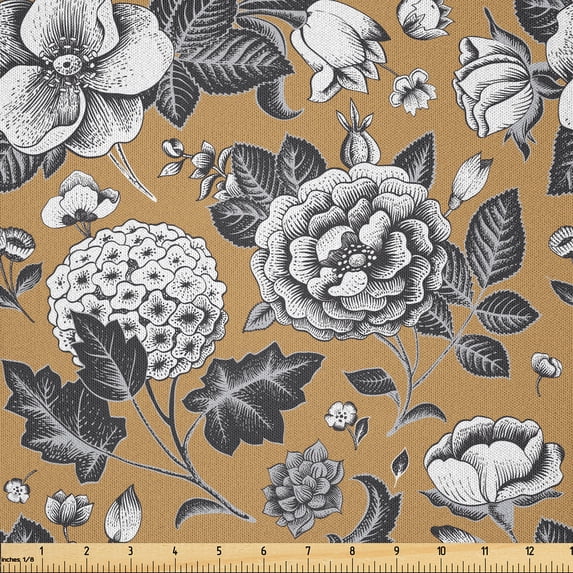 Ambesonne Floral Fabric by the Yard Microfiber, Vintage Composition Dog-rose, 5 Yards, Camel Dark Blue Grey