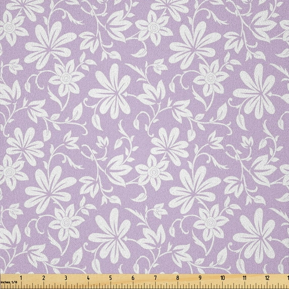 Ambesonne Floral Fabric by the Yard Microfiber, Vintage Flower Silhouettes, 3 Yards, Lilac and White