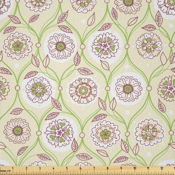 Ambesonne Floral Fabric by the Yard Microfiber, Vintage Flowers Spring Art, 1 Yard, Cream Avocado Green