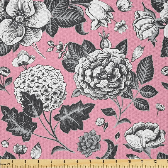 Ambesonne Floral Fabric by the Yard Microfiber, Vintage Garden Flowers, 1 Yard, Coral Black and White