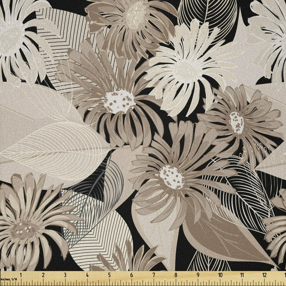Ambesonne Floral Fabric by the Yard Microfiber, Vintage Plant Soft Color, 1 Yard, Tan Black