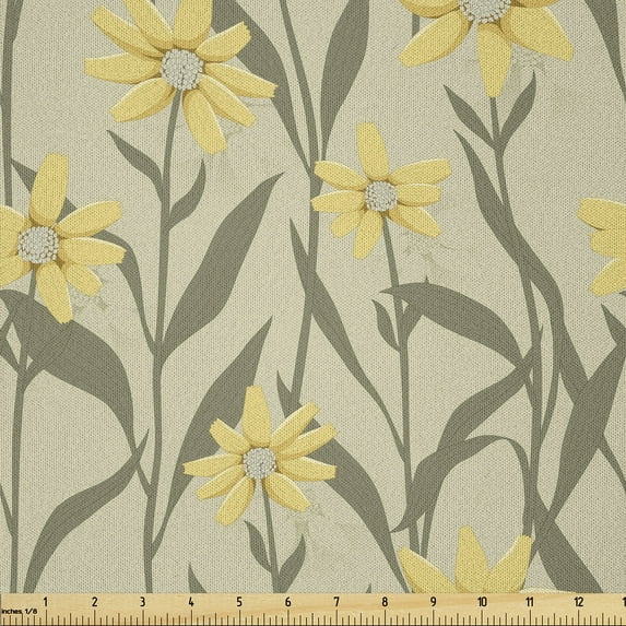 Ambesonne Floral Fabric by the Yard Microfiber, Vintage Yellow Tone Flowers, 2 Yards, Grey Yellow and Slate Brown