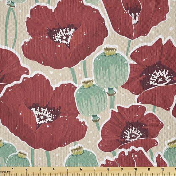 Ambesonne Floral Fabric by the Yard Microfiber, Watercolor Effect Poppy, 10 Yards, Almond Green Vermilion