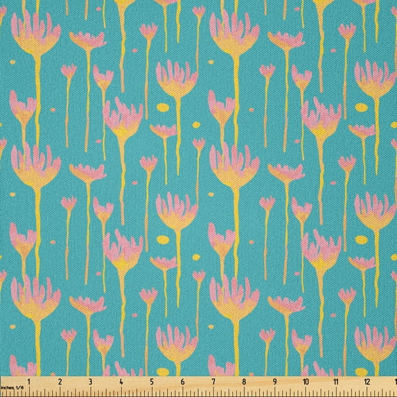 Ambesonne Floral Fabric by the Yard Microfiber, Watercolor Surrealistic Art, 2 Yards, Dark Seafoam Mustard
