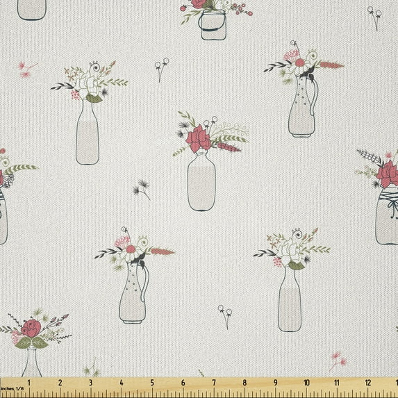 Ambesonne Floral Fabric by the Yard Microfiber, Wildflower Bottles Vintage, 10 Yards, Coconut Coral and Green
