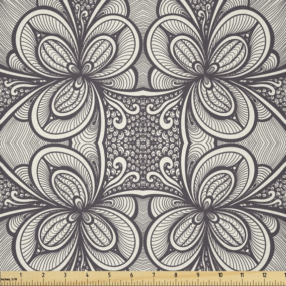 Ambesonne Floral Fabric by the Yard Microfiber, Zentangle Botanical Motif, 1 Yard, Dark Purple Grey Ivory