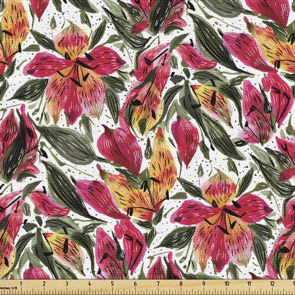 Ambesonne Floral Fabric by the Yard Upholstery, Minimalist Dots Flowers Plot, 5 Yards, Dark Pink and Sage Green
