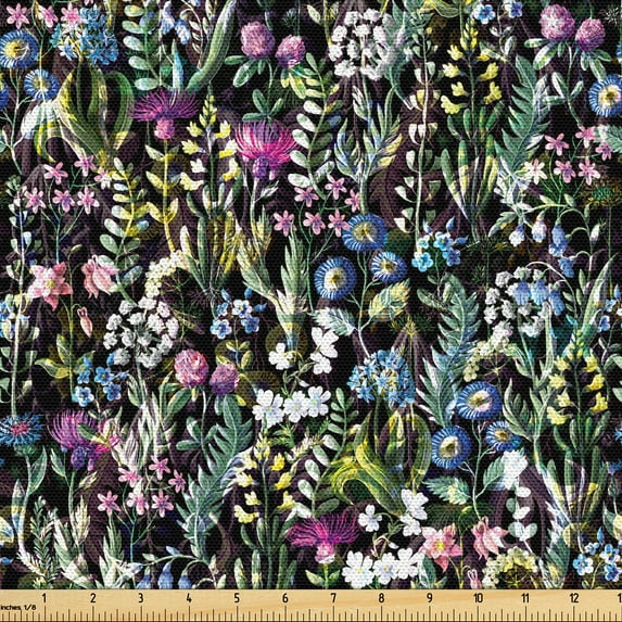 Ambesonne Floral Fabric by the Yard, Minimalist Wild Flowers Art, 1 Yard, Fern Green and Purple
