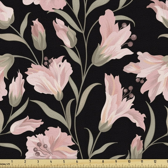 Ambesonne Floral Fabric by the Yard Upholstery, Nostalgic Pastel Flowering, 10 Yards, Pale Pink Charcoal Grey