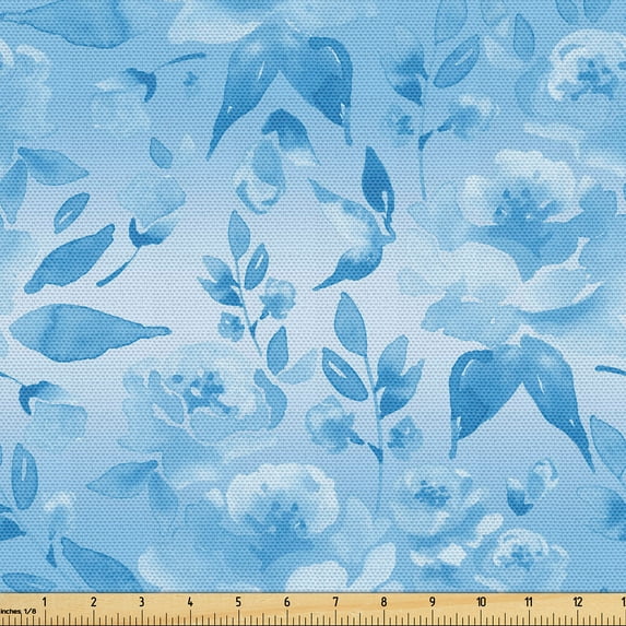 Ambesonne Floral Fabric by the Yard Upholstery, Oceanic Colors Flowers Leafy, 1 Yard, Sky Blue