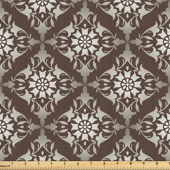 Ambesonne Floral Fabric by the Yard Upholstery, Oriental Damask Pattern Art, 1 Yard, Umber Ivory