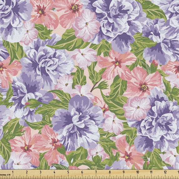 Ambesonne Floral Fabric by the Yard Upholstery, Pastel Romantic Flowers Art, 2 Yards, Pale Lavender and Fern Green