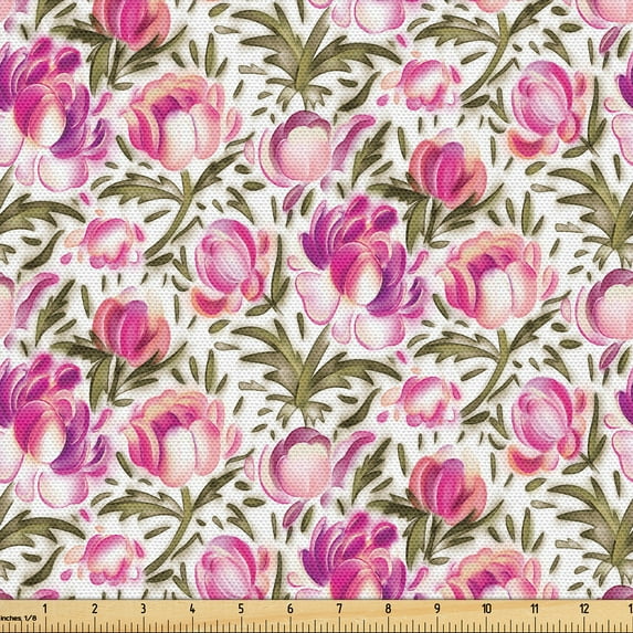 Ambesonne Floral Fabric by the Yard, Peonies Vintage Fashion Art, 3 Yards, Dark Magenta and Apple Green