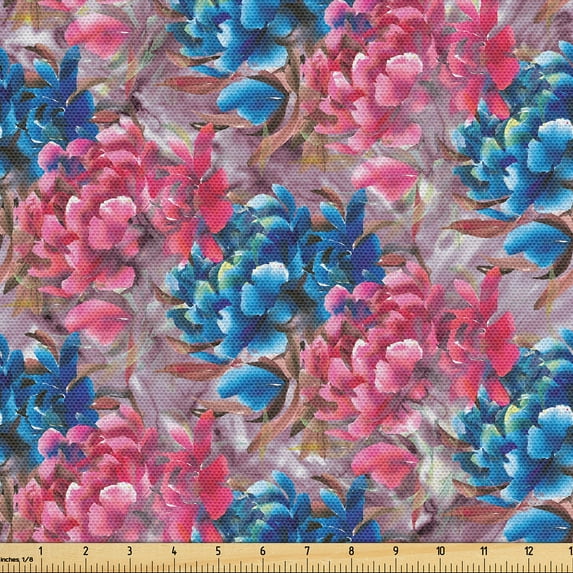 Ambesonne Floral Fabric by the Yard Upholstery, Peonies Watercolor Nature, 1 Yard, Pastel Pink and Sky Blue