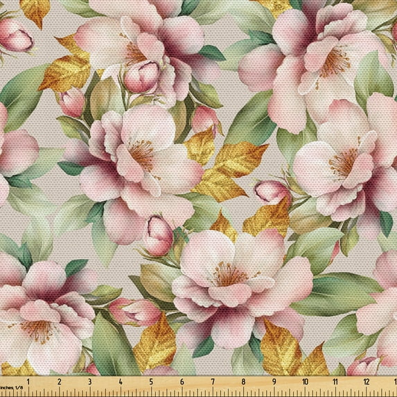 Ambesonne Floral Fabric by the Yard Upholstery, Pink Flowers Gold Leaves, 1 Yard, Dried Rose Slate Brown