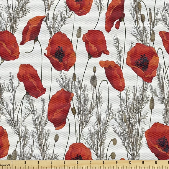 Ambesonne Floral Fabric by the Yard Upholstery, Poppy Flower Branches Print, 5 Yards, Vermilion Off White