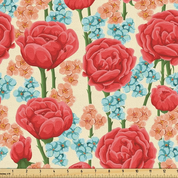 Ambesonne Floral Fabric by the Yard Upholstery, Red Roses Colorful Flowers, 10 Yards, Dark Salmon and Slate Blue