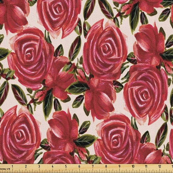 Ambesonne Floral Fabric by the Yard, Red Roses Romantic Pattern, 5 Yards, Pastel Pink and Green Brown