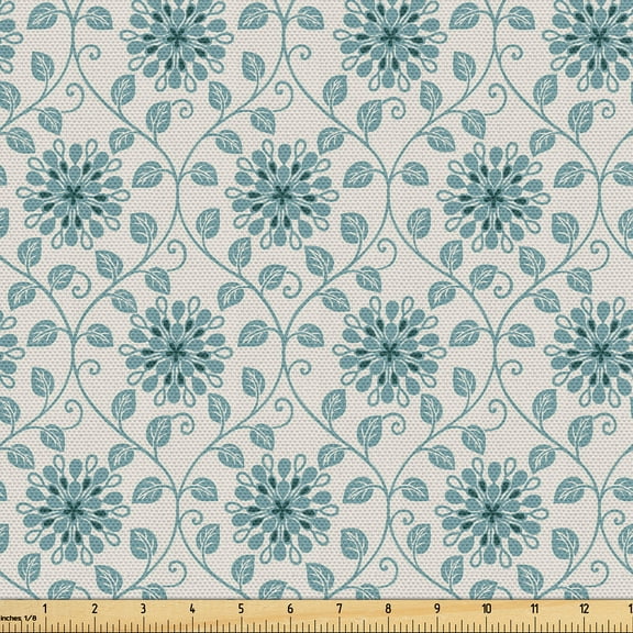 Ambesonne Floral Fabric by the Yard, Retro Blossom Concept Art, 3 Yards, Cadet Blue and Petrol Blue