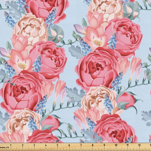 Ambesonne Floral Fabric by the Yard, Retro Flowers Repetitive Art, 2 Yards, Dark Coral and Soft Blue