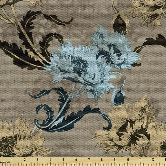 Ambesonne Floral Fabric by the Yard Upholstery, Retro Garden Flowers Earthy, 5 Yards, Ecru Soft Blue Caramel