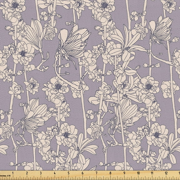 Ambesonne Floral Fabric by the Yard Upholstery, Retro Style Flowers Motif, 5 Yards, Purple Grey and Eggshell