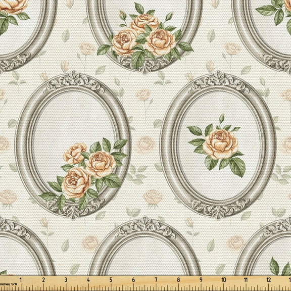 Ambesonne Floral Fabric by the Yard Upholstery, Rose Pattern Vintage Romance, 1 Yard, Eggshell Green and Dark Peach