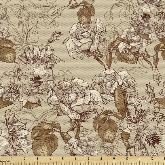 Ambesonne Floral Fabric by the Yard, Roses Engraving Retro Print, 3 Yards, Dark Khaki Champagne