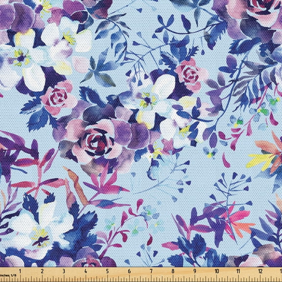 Ambesonne Floral Fabric by the Yard Upholstery, Roses Flowers Colorful Plot, 2 Yards, Persian Blue and Pale Purple