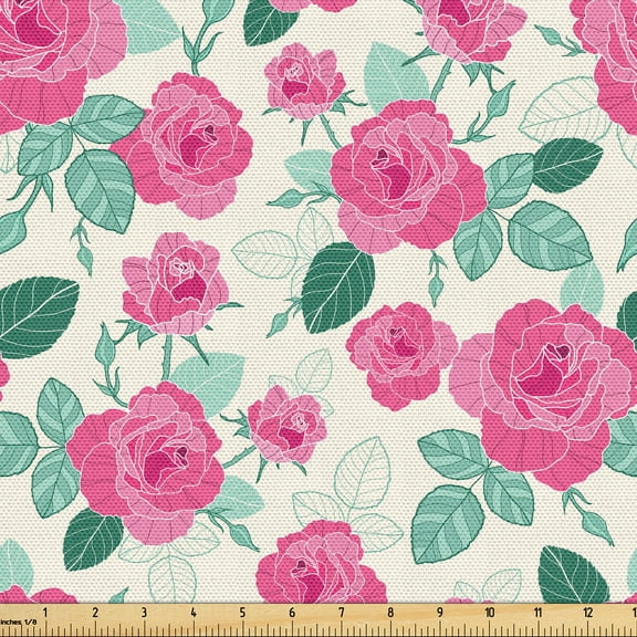 Ambesonne Floral Fabric by the Yard, Roses Leaves Valentine Plot, 10 Yards, Pastel Pink Hunter Green