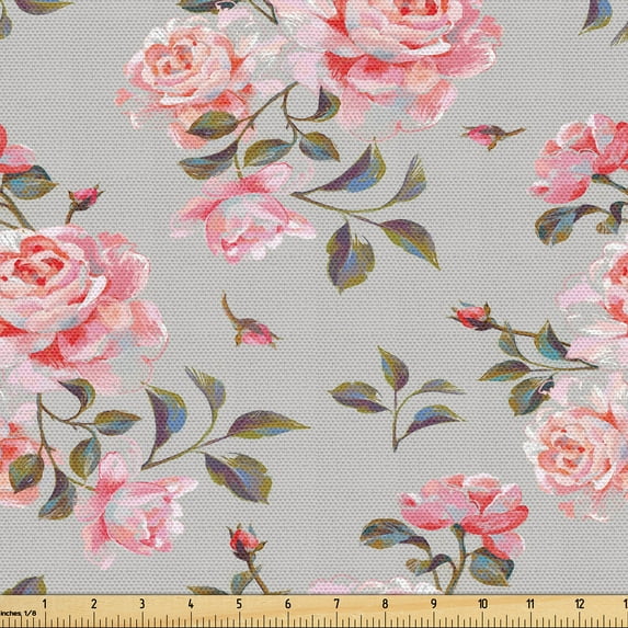 Ambesonne Floral Fabric by the Yard Upholstery, Roses Vintage Garden Art, 5 Yards, Pale Ruby Caramel Fawn