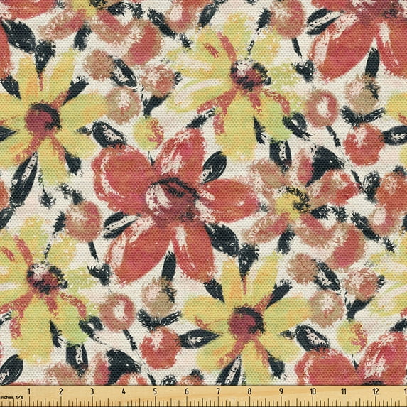 Ambesonne Floral Fabric by the Yard Upholstery, Simplified Flowers Spring, 10 Yards, Mustard and Dark Salmon