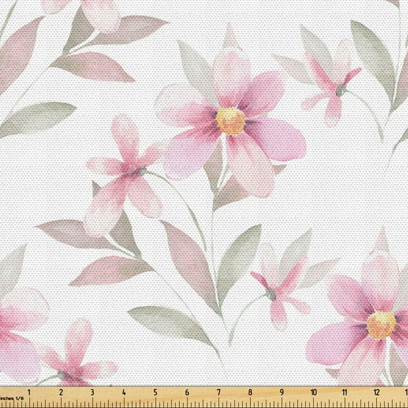 Ambesonne Floral Fabric by the Yard Upholstery, Soft Floral Art Garden Print, 1 Yard, Pastel Pink and Sage Green