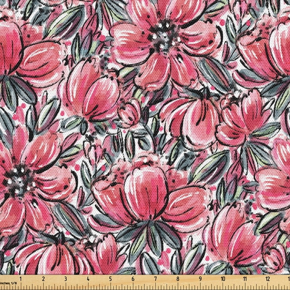 Ambesonne Floral Fabric by the Yard Upholstery, Spring Flowers Digital Plot, 3 Yards, Dark Coral and Grey Teal