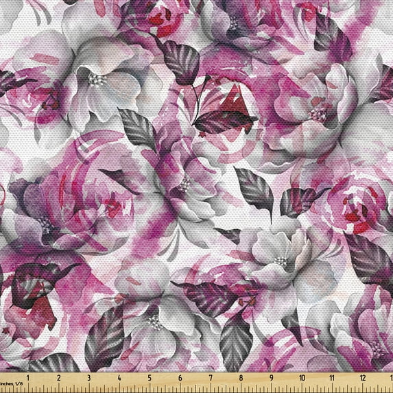 Ambesonne Floral Fabric by the Yard Upholstery, Spring Shadows of Flowers, 1 Yard, Pale Grey Pink