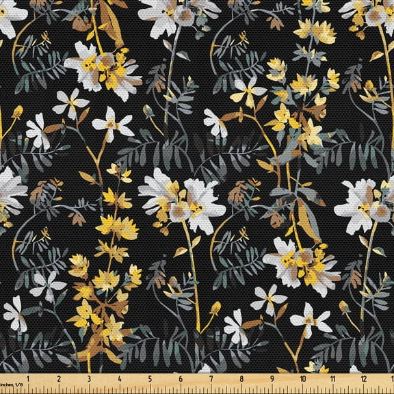 Ambesonne Floral Fabric by the Yard, Summer Meadow Flower Botany, 1 Yard, Mustard Grey and Black