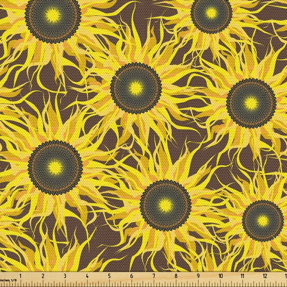 Ambesonne Floral Fabric by the Yard Upholstery, Sunflowers Botanical Plot, 10 Yards, Earth Yellow and Pale Orange