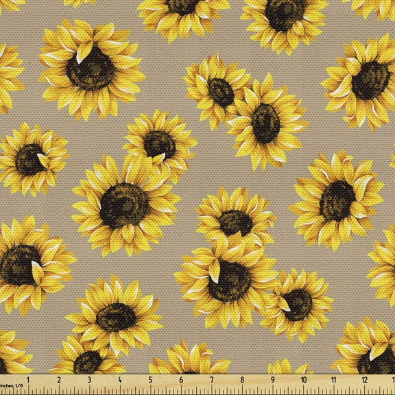 Ambesonne Floral Fabric by the Yard Upholstery, Sunflowers Garden Pattern, 1 Yard, Earth Yellow and Seal Brown