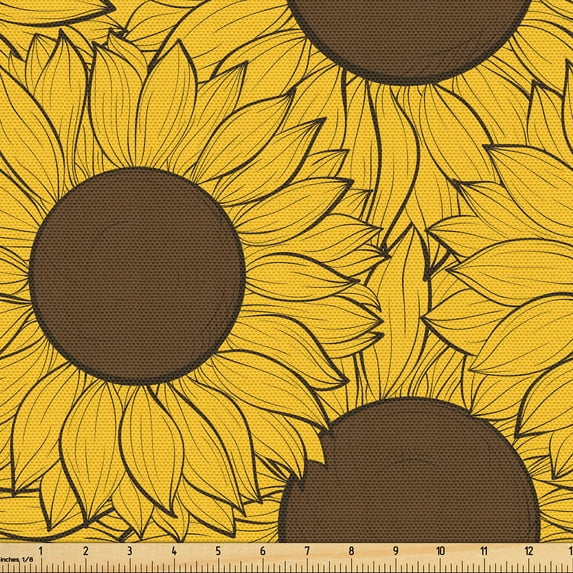 Ambesonne Floral Fabric by the Yard, Sunflowers Overlapping Art, 1 Yard, Mustard and Dark Cocoa