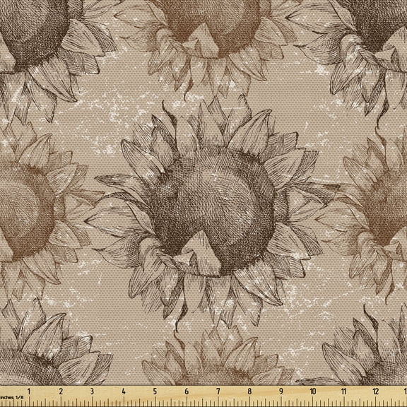 Ambesonne Floral Fabric by the Yard Upholstery, Sunflowers Retro Ornament, 1 Yard, Dark Cocoa Beige and Tan