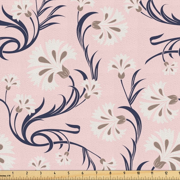 Ambesonne Floral Fabric by the Yard Upholstery, Swirly Branches of Spring, 3 Yards, Soft Pink Umber and Indigo