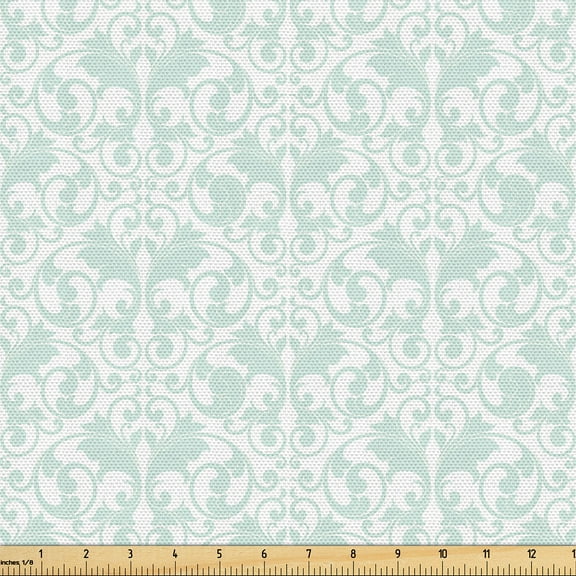 Ambesonne Floral Fabric by the Yard Upholstery, Traditional Damask Meadow, 1 Yard, Pale Mint Green