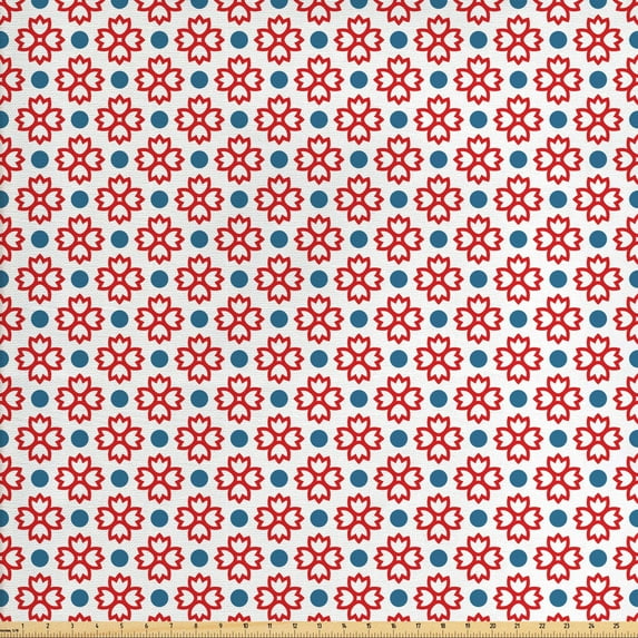 Ambesonne Floral Fabric by the Yard Upholstery, Abstract European Nature, 2 Yards, Slate Blue Red White