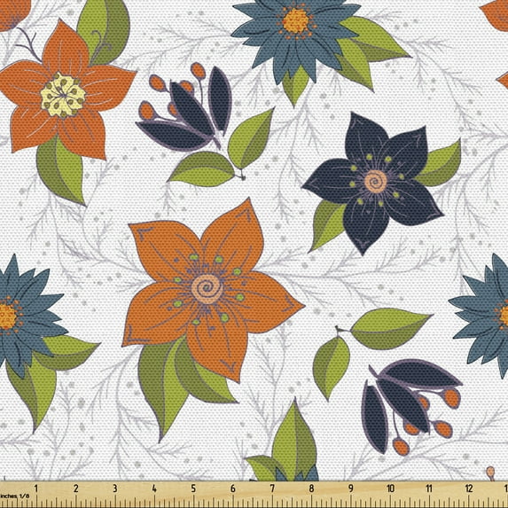 Ambesonne Floral Fabric by the Yard Upholstery, Abstract Flowers Leaves, 5 Yards, Multicolor