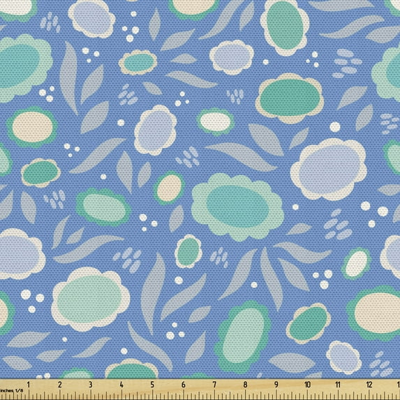 Ambesonne Floral Fabric by the Yard Upholstery, Abstract Oval Flower Motifs, 1 Yard, Sea Blue Turquoise and Grey