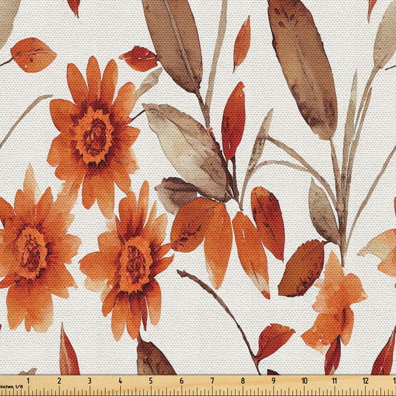 Ambesonne Floral Fabric by the Yard Upholstery, Art Autumnal Romance Flowers, 10 Yards, Burnt Orange Umber and White