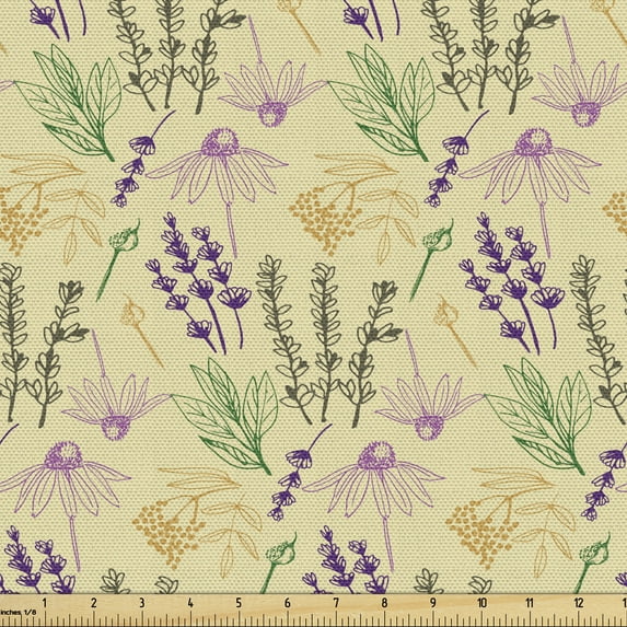 Ambesonne Floral Fabric by the Yard Upholstery, Aster Blossoms Herbs Pattern, 2 Yards, Beige and Multicolor