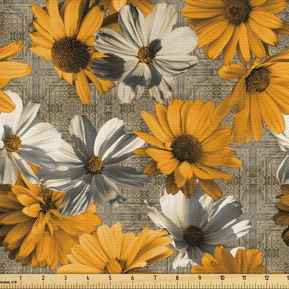 Ambesonne Floral Fabric by the Yard Upholstery, Asters on Rustic Art Deco, 2 Yards, Marigold Dark Tan and Beige